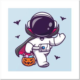 Cute Astronaut Dracula Holding Pumpkin Basket Candy  Cartoon Posters and Art